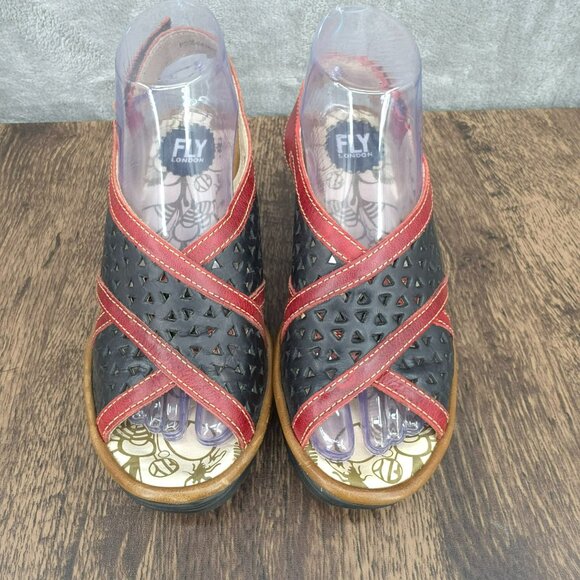 Fly London Ynes Wedges Sandals 37 6 Black Red Leather Perforated Open Toe Cutout - Picture 5 of 14